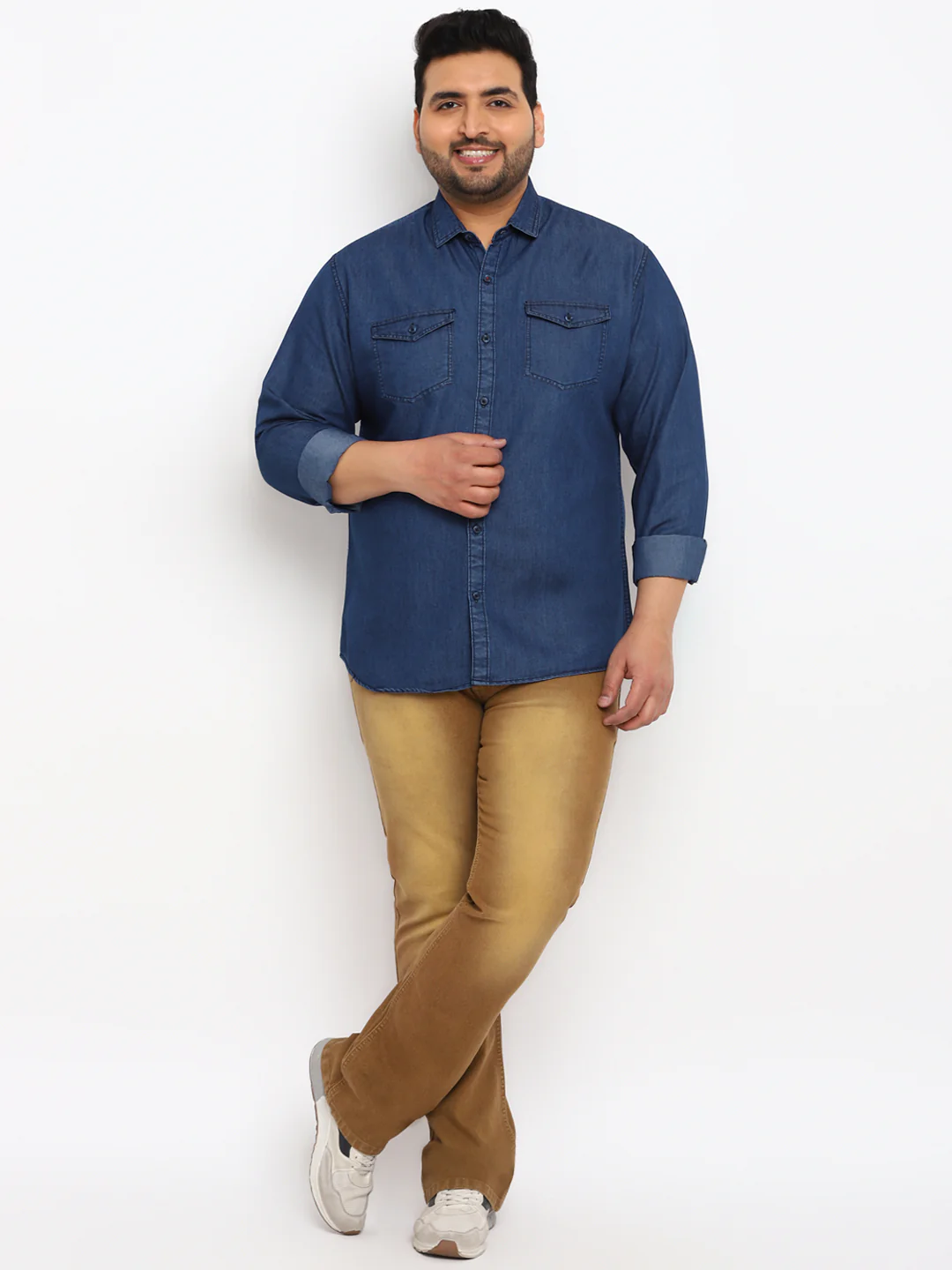 Plus Men's Navy Blue Full Sleeve Regular Fit Casual Denim Shirt - Image 4