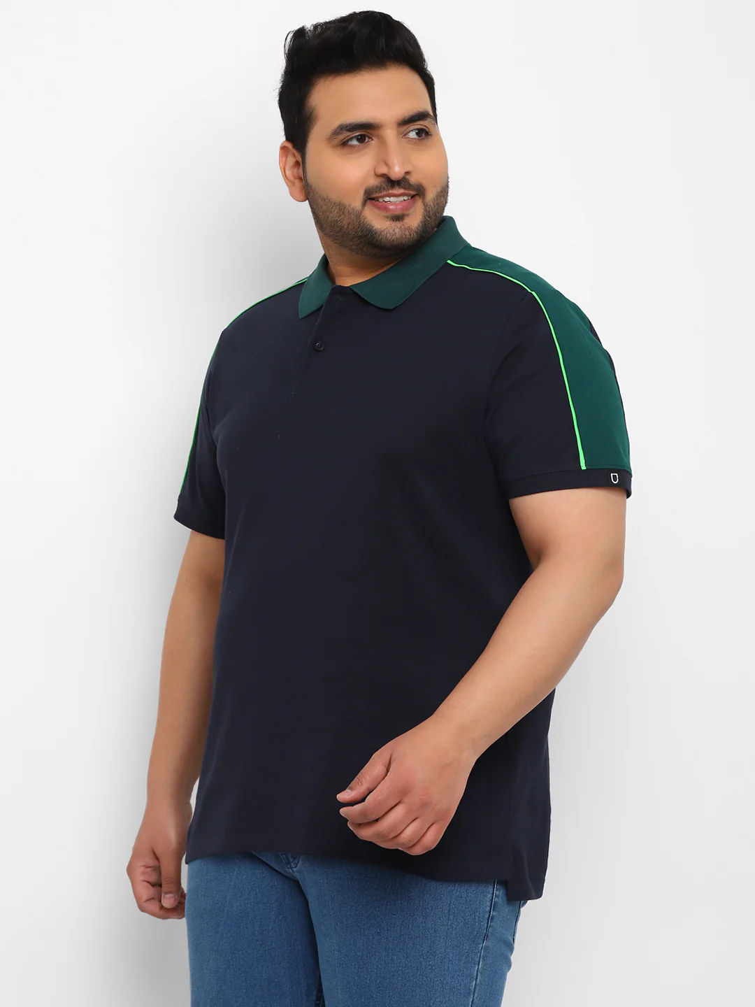 Plus Men's Navy Blue, Green Colour-Block Regular Fit Half Sleeve Cotton Polo T-Shirt - Image 2