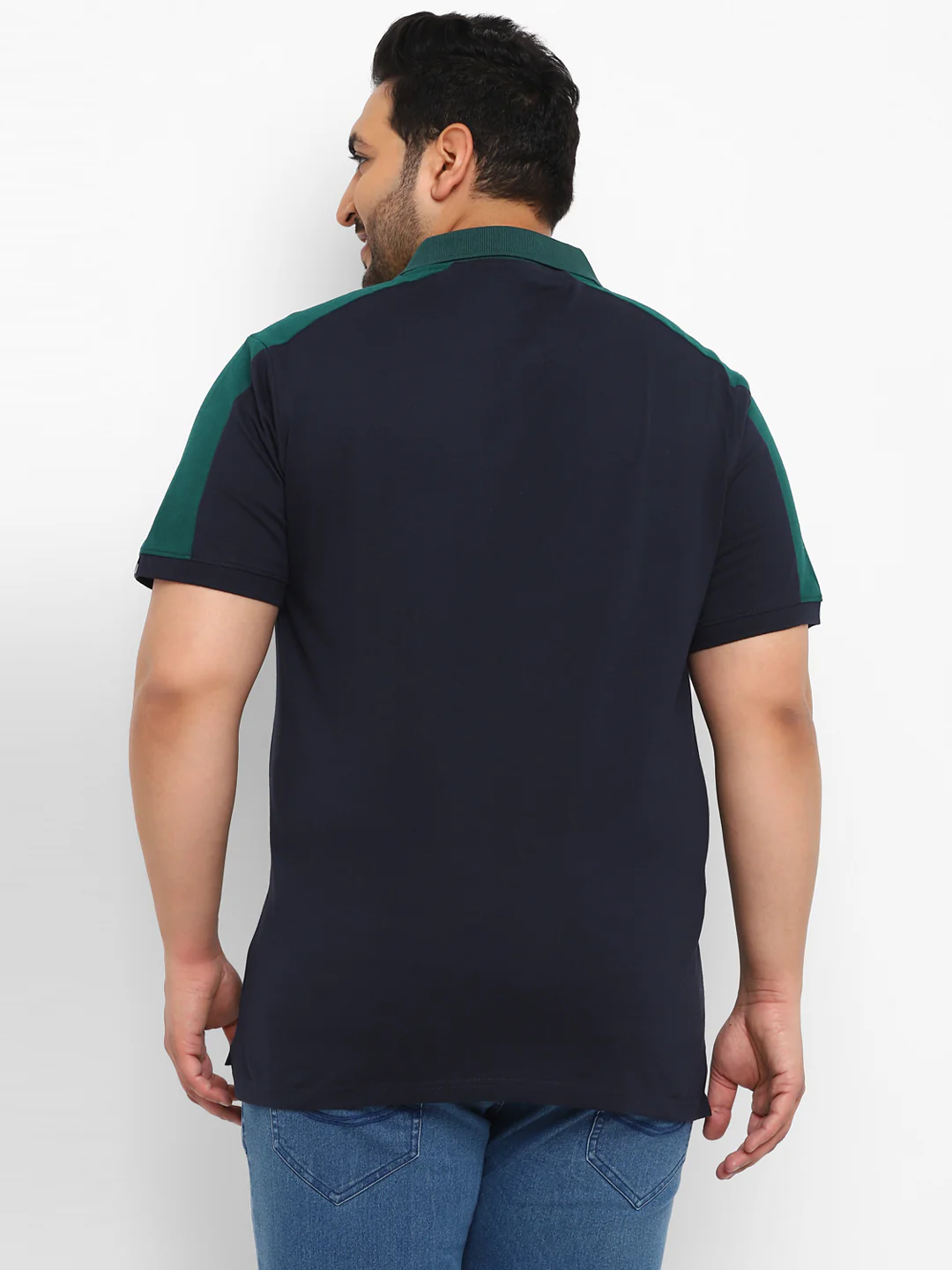 Plus Men's Navy Blue, Green Colour-Block Regular Fit Half Sleeve Cotton Polo T-Shirt - Image 3