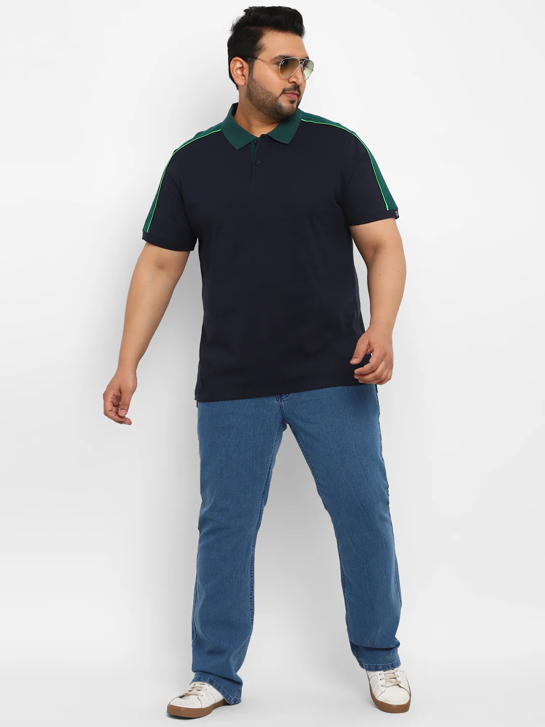 Plus Men's Navy Blue, Green Colour-Block Regular Fit Half Sleeve Cotton Polo T-Shirt - Image 4