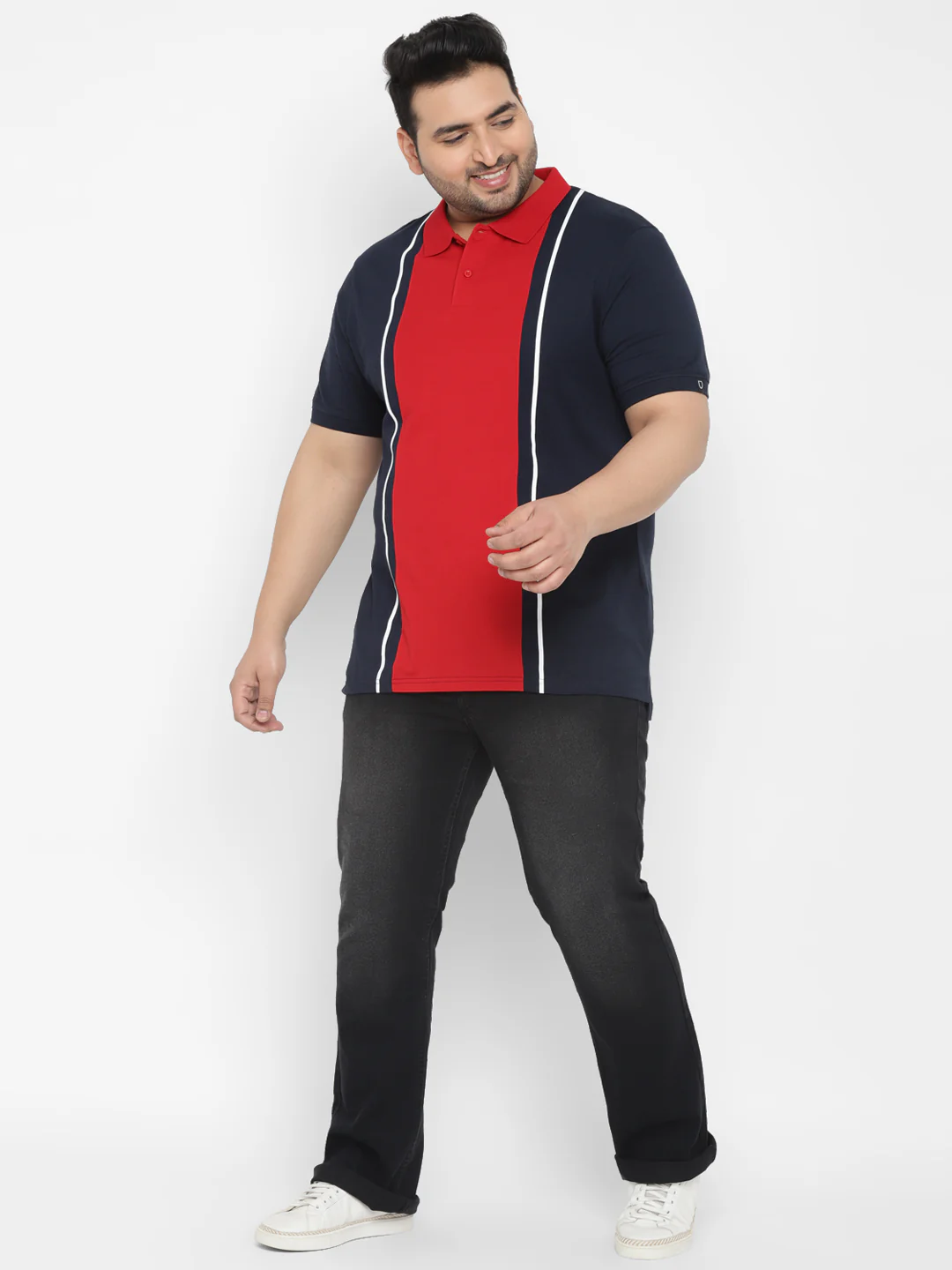 Plus Men's Navy Blue, Red, White Colour-Block Regular Fit Half Sleeve Cotton Polo T-Shirt - Image 4