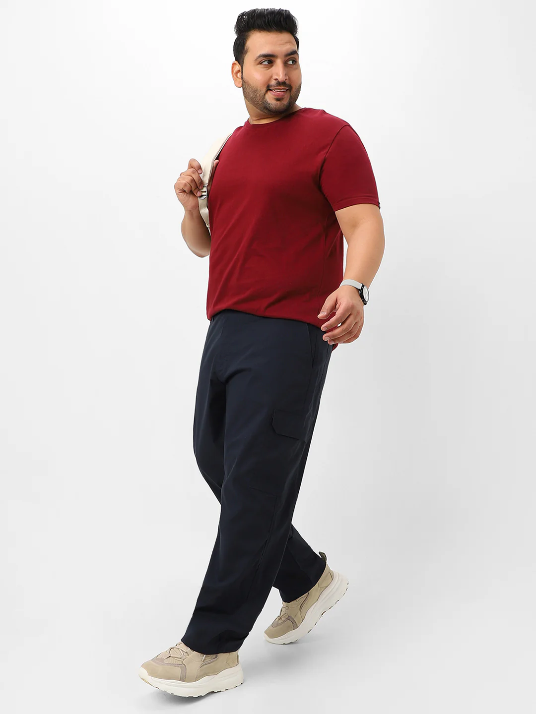 Plus Men's Navy Blue Regular Fit Solid Cargo Chino Pant With 6 Pockets - Image 4