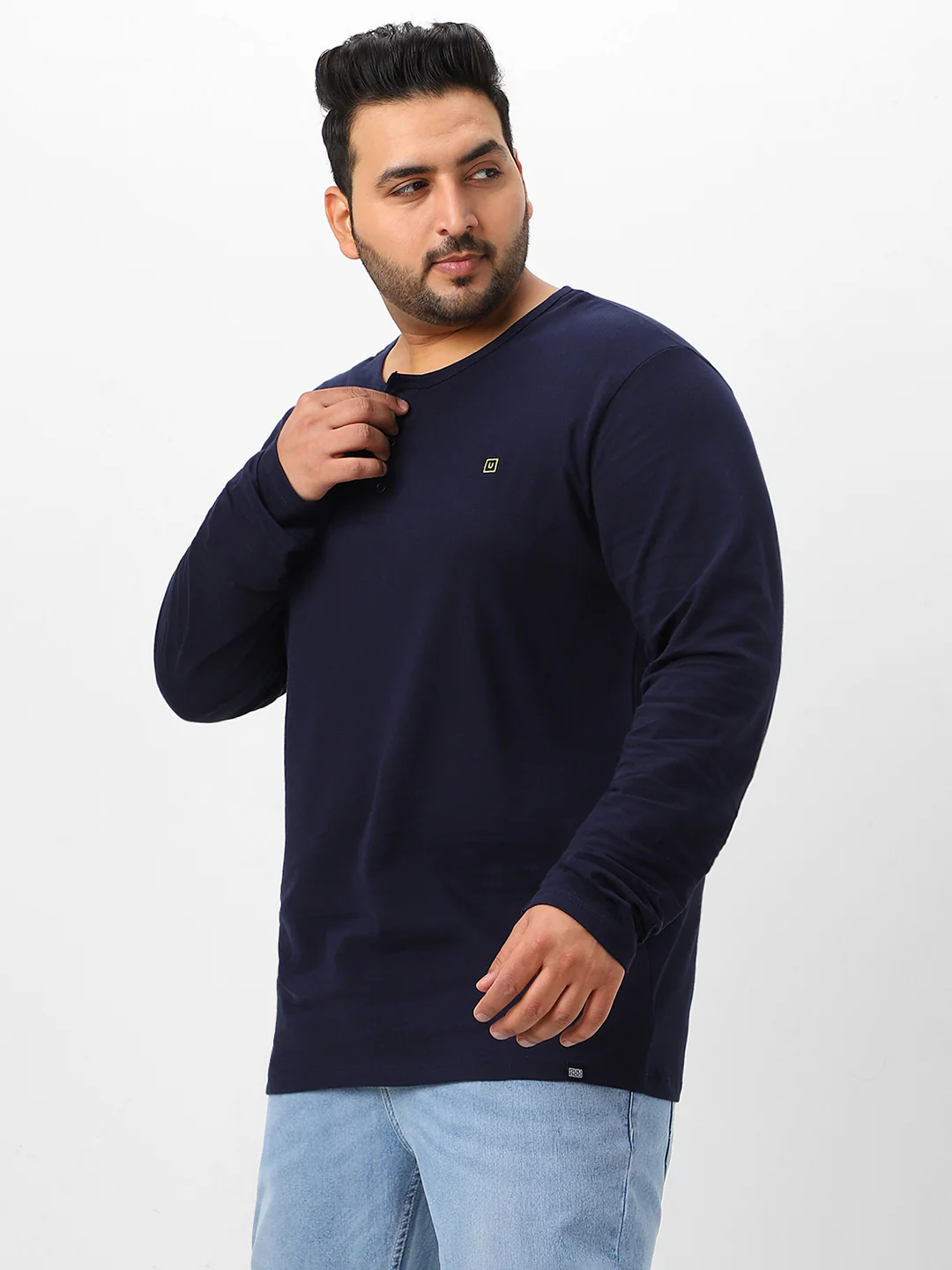 Plus Men's Navy Blue Solid Henley Neck Regular Fit Full Sleeve Cotton T-Shirt - Image 3