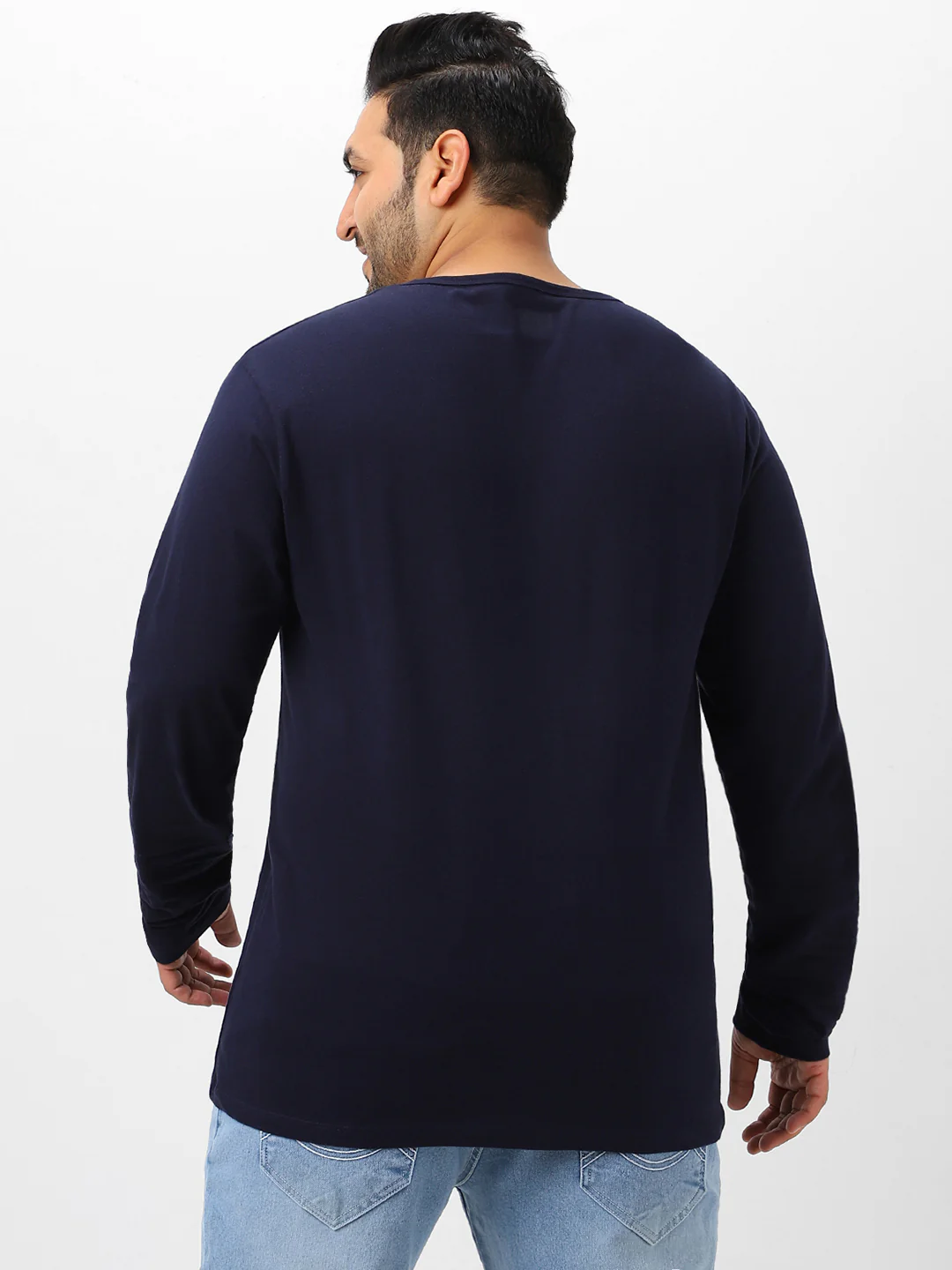 Plus Men's Navy Blue Solid Henley Neck Regular Fit Full Sleeve Cotton T-Shirt - Image 4