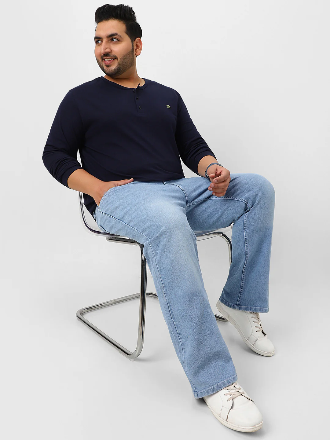 Plus Men's Navy Blue Solid Henley Neck Regular Fit Full Sleeve Cotton T-Shirt - Image 5
