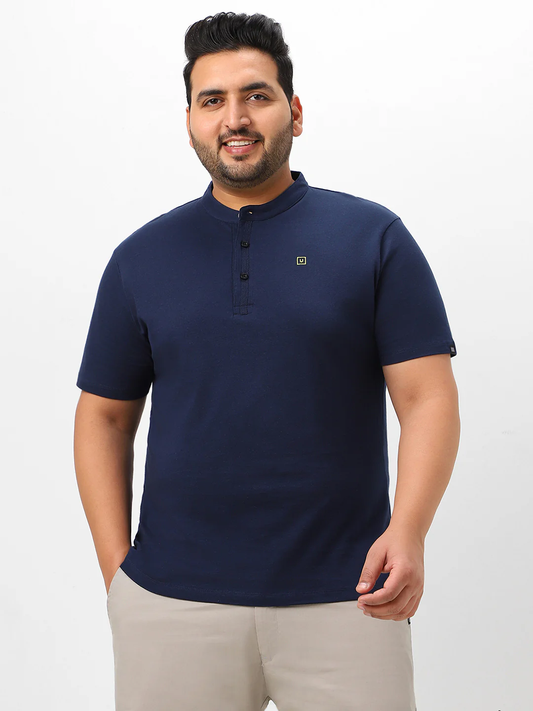 Plus Men's Navy Blue Solid Mandarin Collar Regular Fit Cotton T-Shirt - Image 2