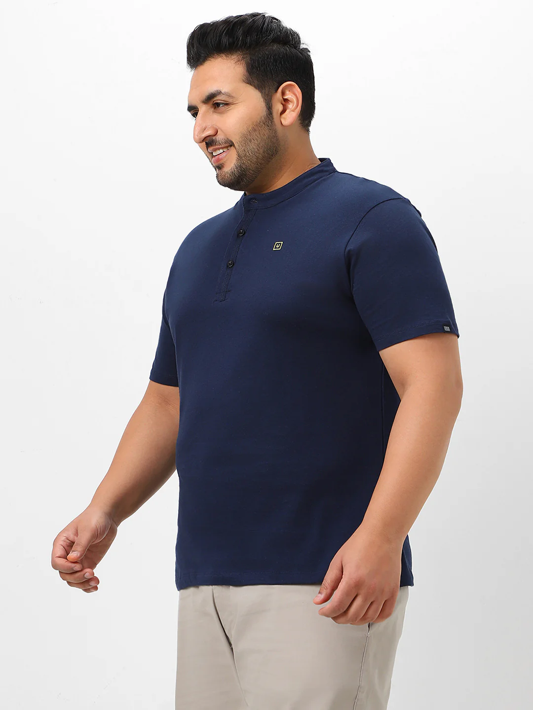 Plus Men's Navy Blue Solid Mandarin Collar Regular Fit Cotton T-Shirt - Image 3