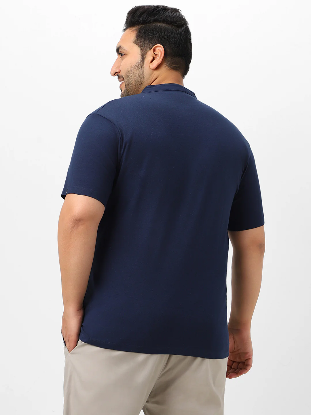 Plus Men's Navy Blue Solid Mandarin Collar Regular Fit Cotton T-Shirt - Image 4