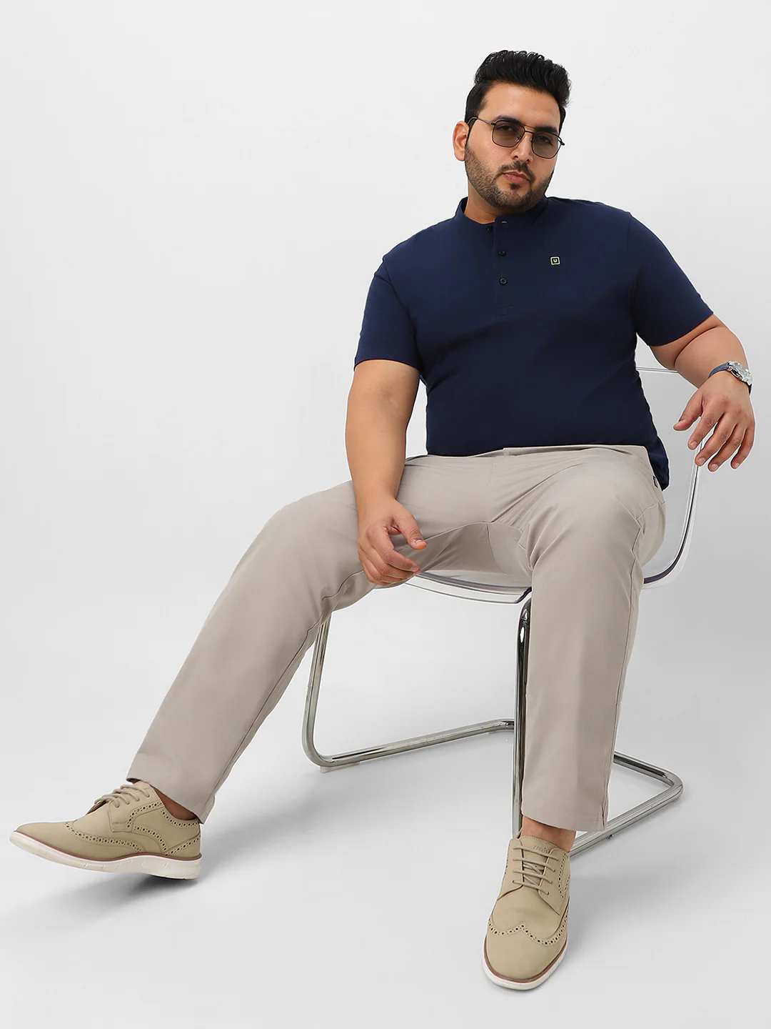 Plus Men's Navy Blue Solid Mandarin Collar Regular Fit Cotton T-Shirt - Image 5