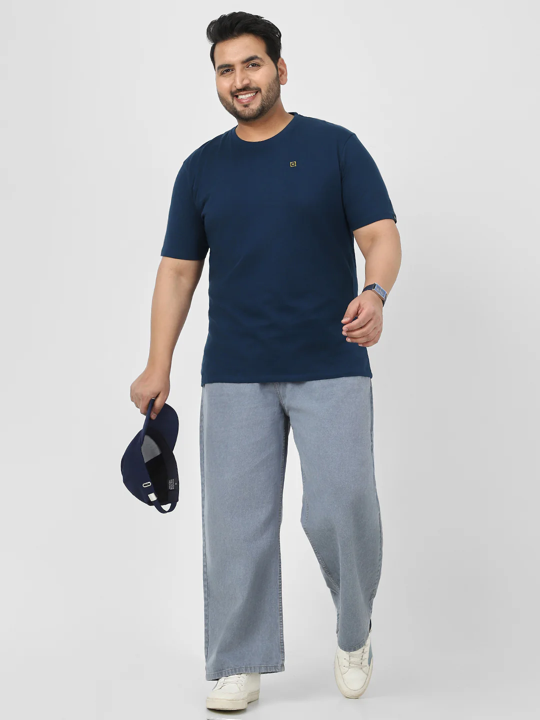 Plus Men's Navy Blue Solid Regular Fit Round Neck Cotton T-Shirt - Image 5