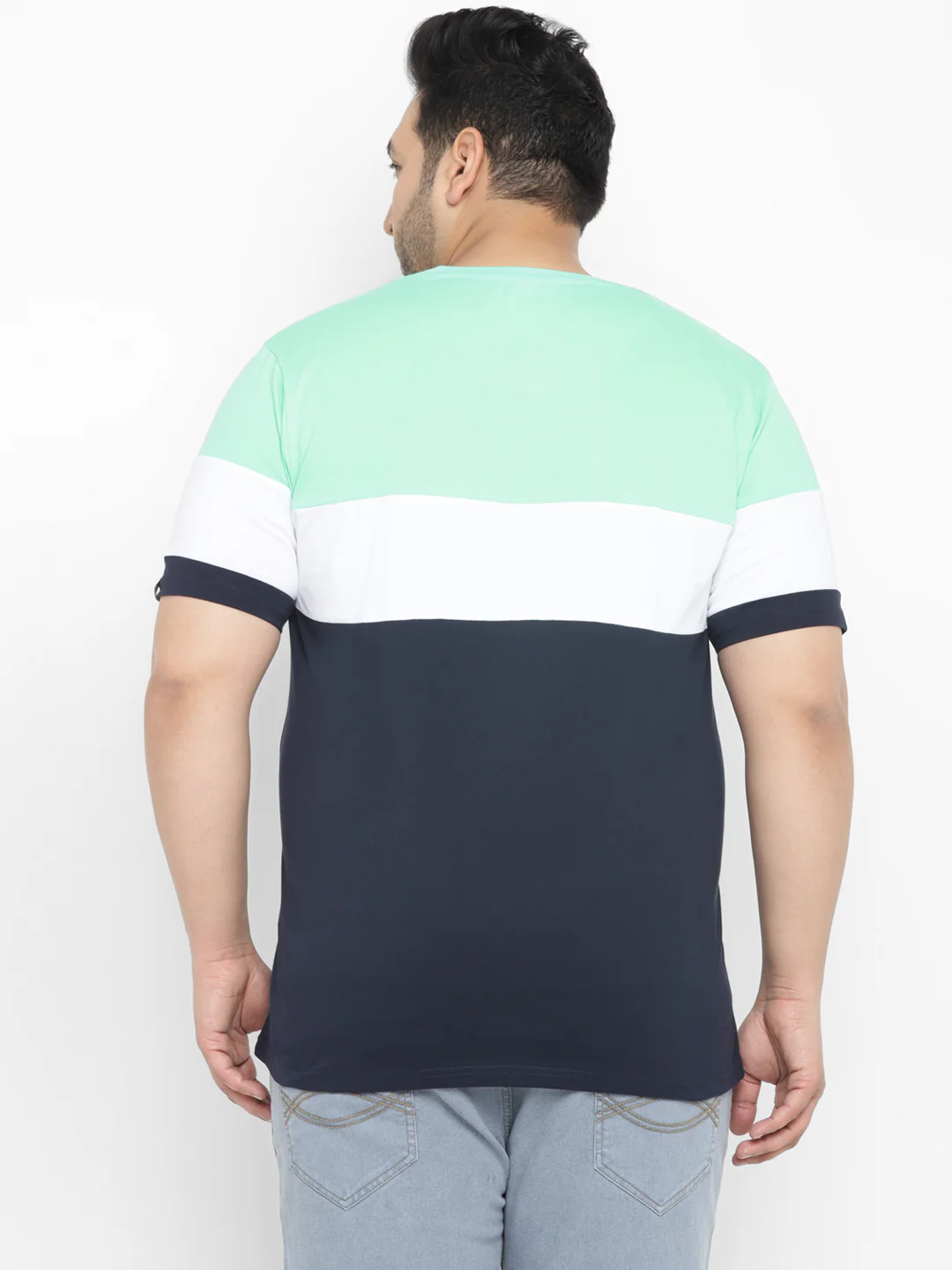 Plus Men's Navy Blue, White Color-Block Regular Fit Half Sleeve Cotton T-Shirt - Image 3