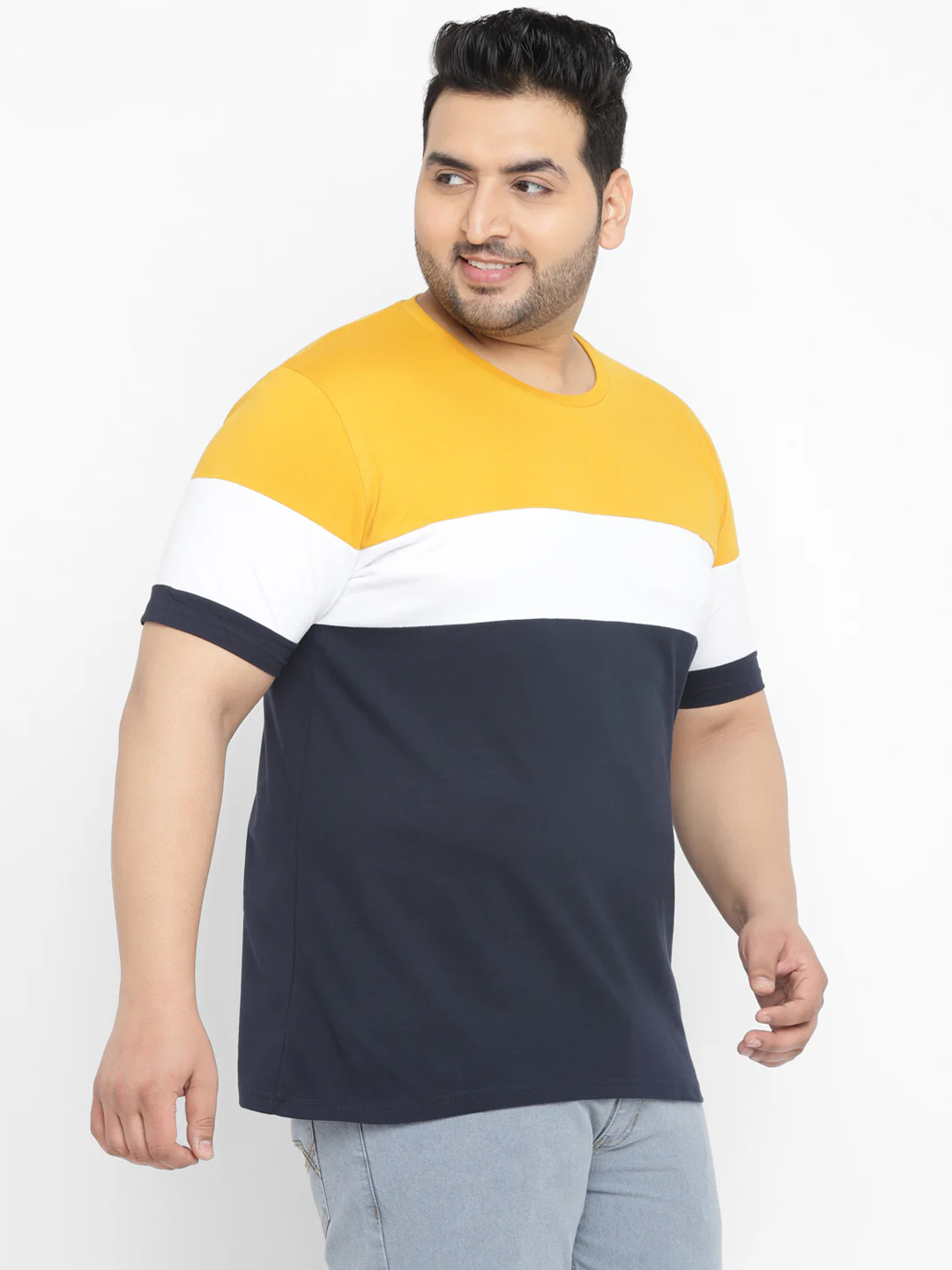 Plus Men's Navy Blue, White, Gold Color-Block Regular Fit Half Sleeve Cotton T-Shirt - Image 2