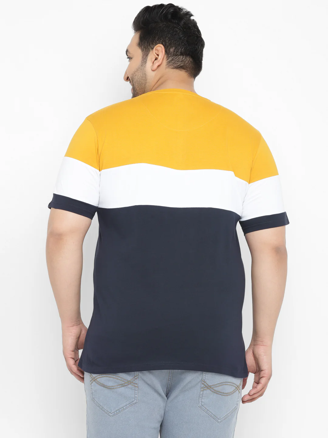 Plus Men's Navy Blue, White, Gold Color-Block Regular Fit Half Sleeve Cotton T-Shirt - Image 3