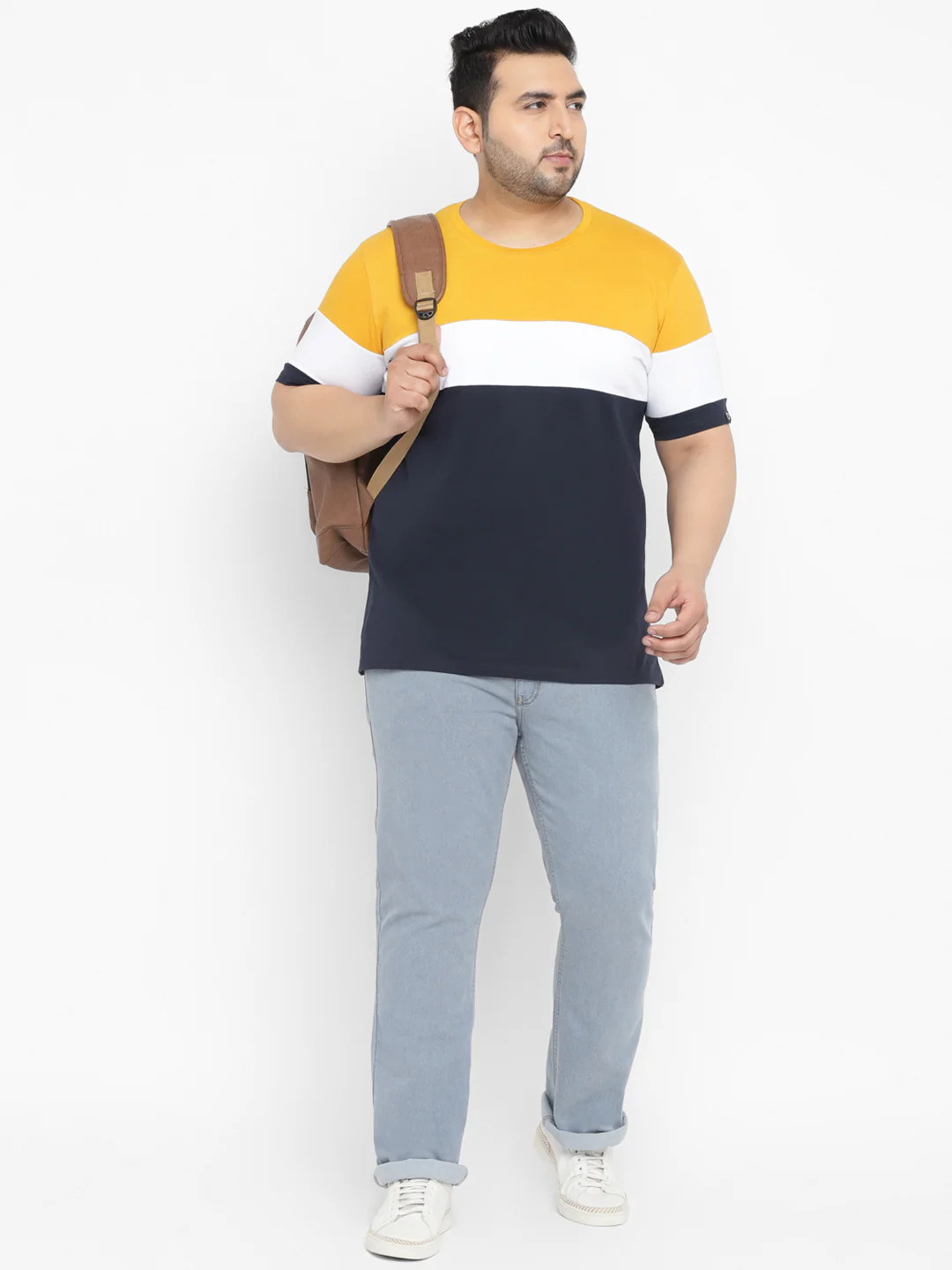 Plus Men's Navy Blue, White, Gold Color-Block Regular Fit Half Sleeve Cotton T-Shirt - Image 4