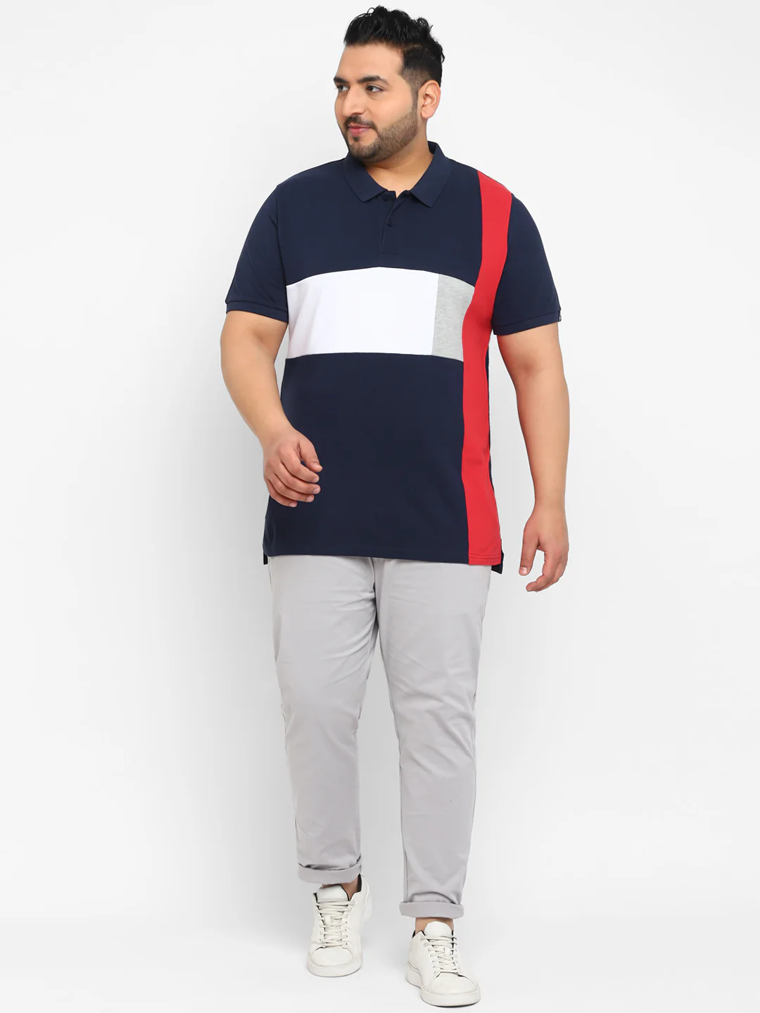 Plus Men's Navy Blue, White, Red Colour-Block Regular Fit Half Sleeve Cotton Polo T-Shirt - Image 4