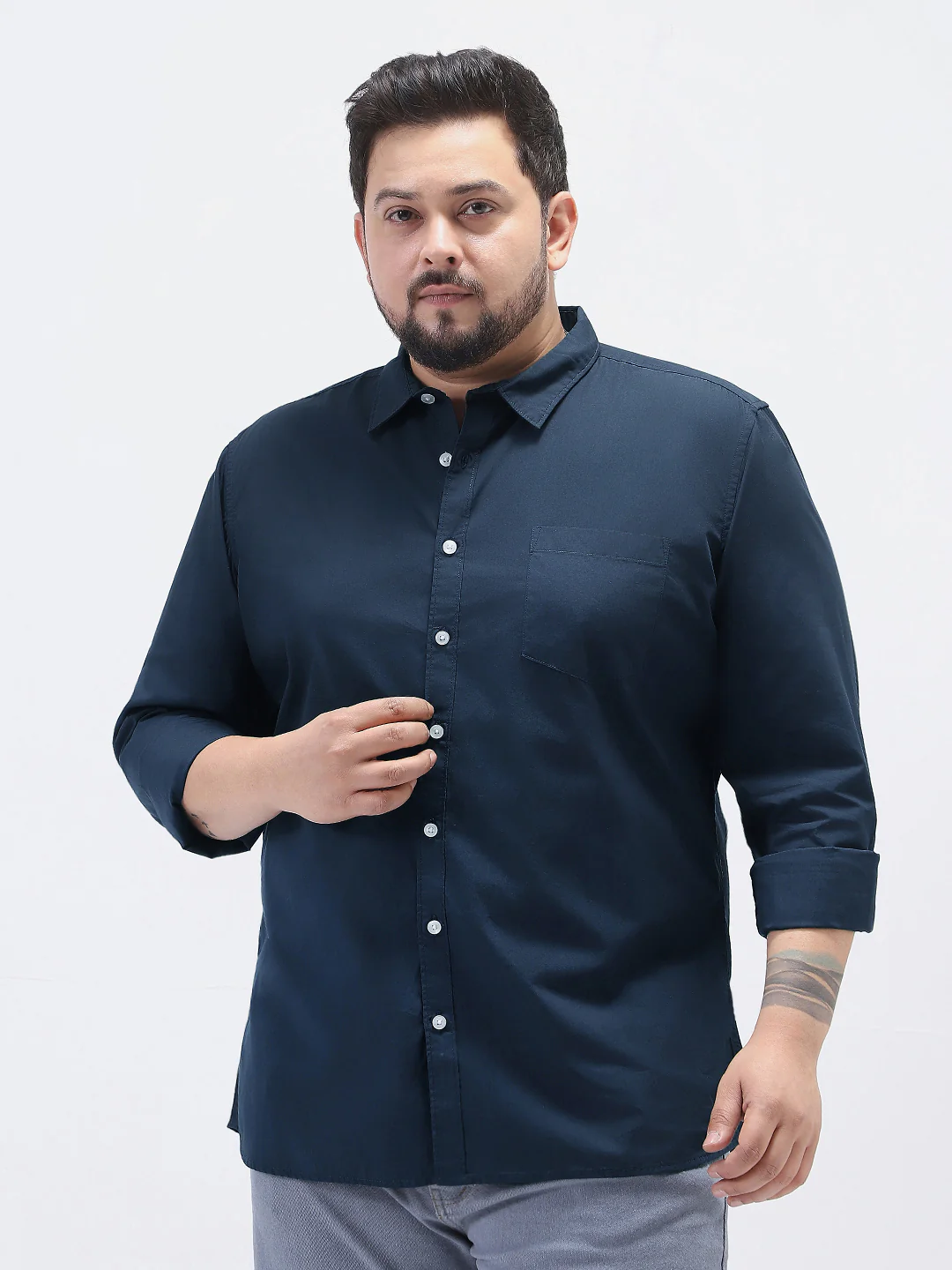 Plus Men's Navy Cotton Full Sleeve Regular Fit Casual Solid Shirt - Image 2
