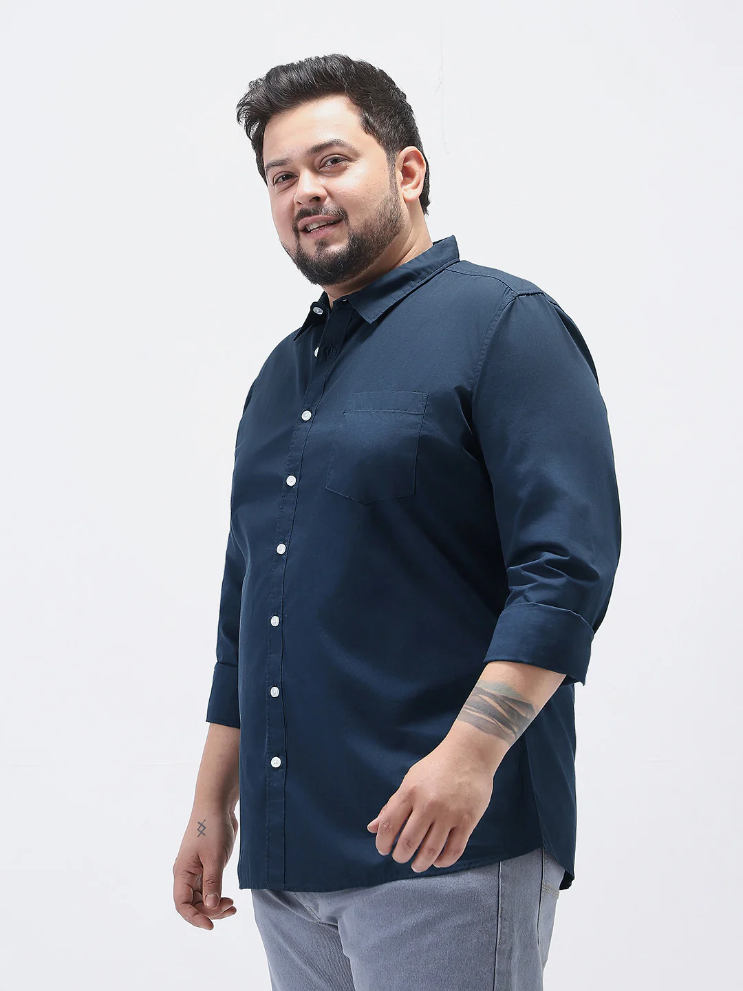 Plus Men's Navy Cotton Full Sleeve Regular Fit Casual Solid Shirt - Image 3