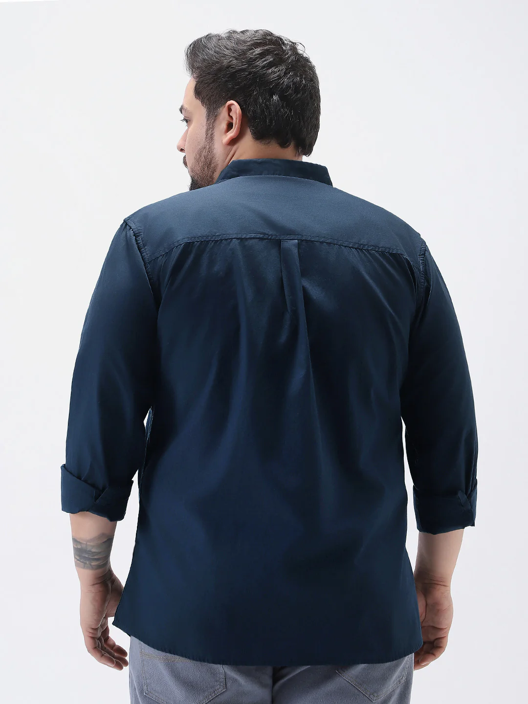 Plus Men's Navy Cotton Full Sleeve Regular Fit Casual Solid Shirt - Image 4