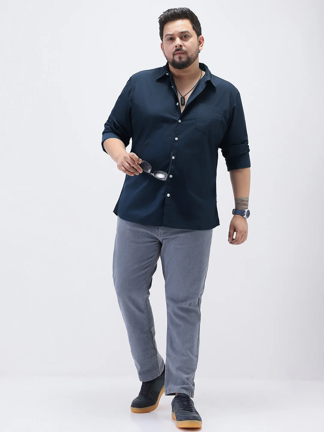 Plus Men's Navy Cotton Full Sleeve Regular Fit Casual Solid Shirt - Image 5