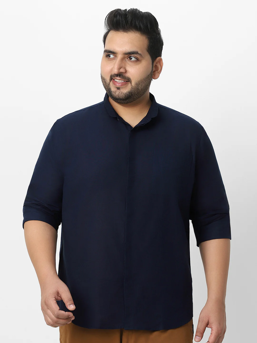 Men's Navy Cotton Full Sleeve Regular Fit Casual Solid Shirt with Band Collar - Image 2