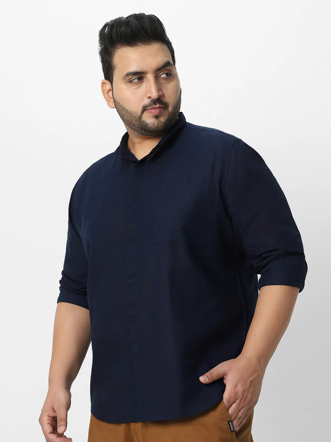Men's Navy Cotton Full Sleeve Regular Fit Casual Solid Shirt with Band Collar - Image 3