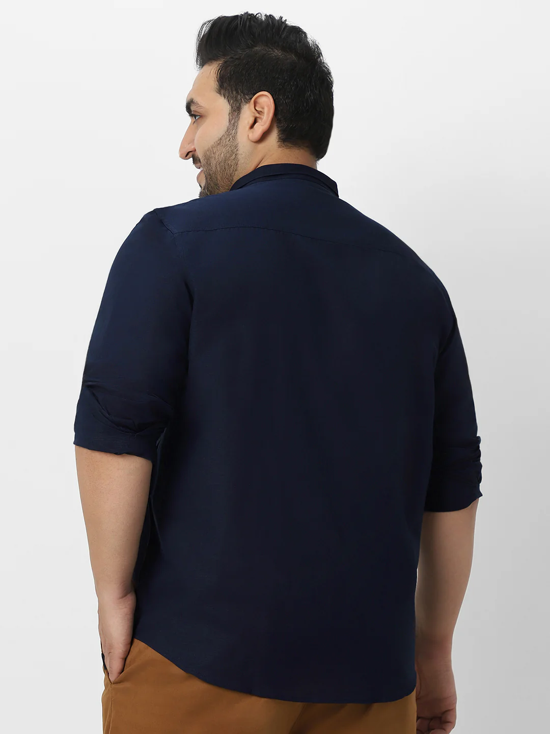 Men's Navy Cotton Full Sleeve Regular Fit Casual Solid Shirt with Band Collar - Image 4