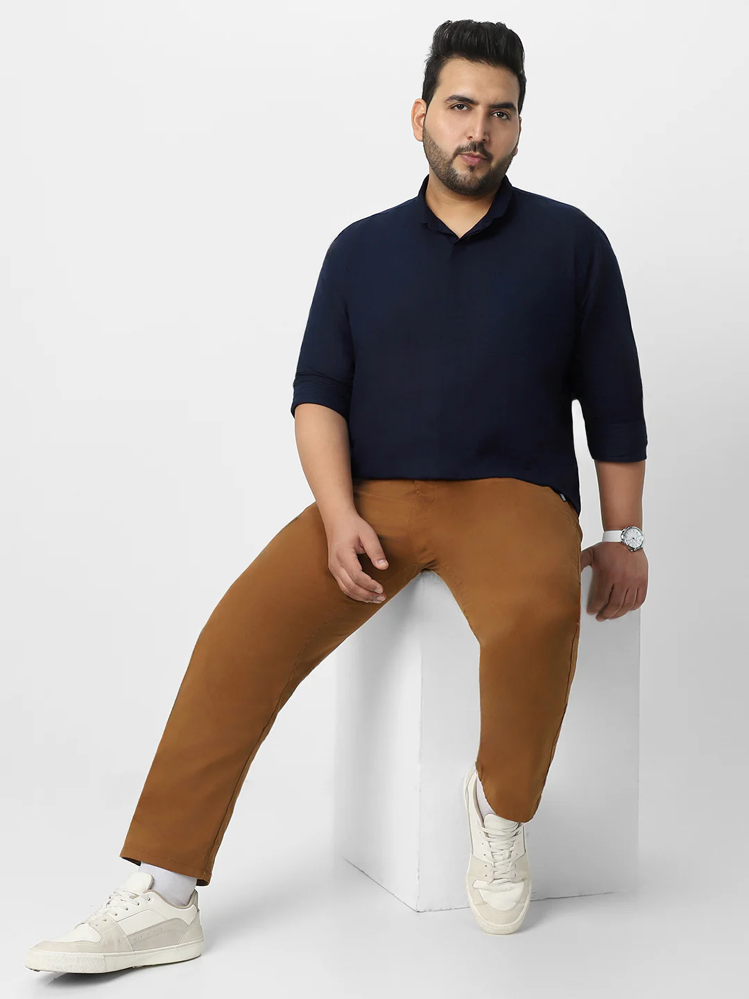 Men's Navy Cotton Full Sleeve Regular Fit Casual Solid Shirt with Band Collar - Image 5