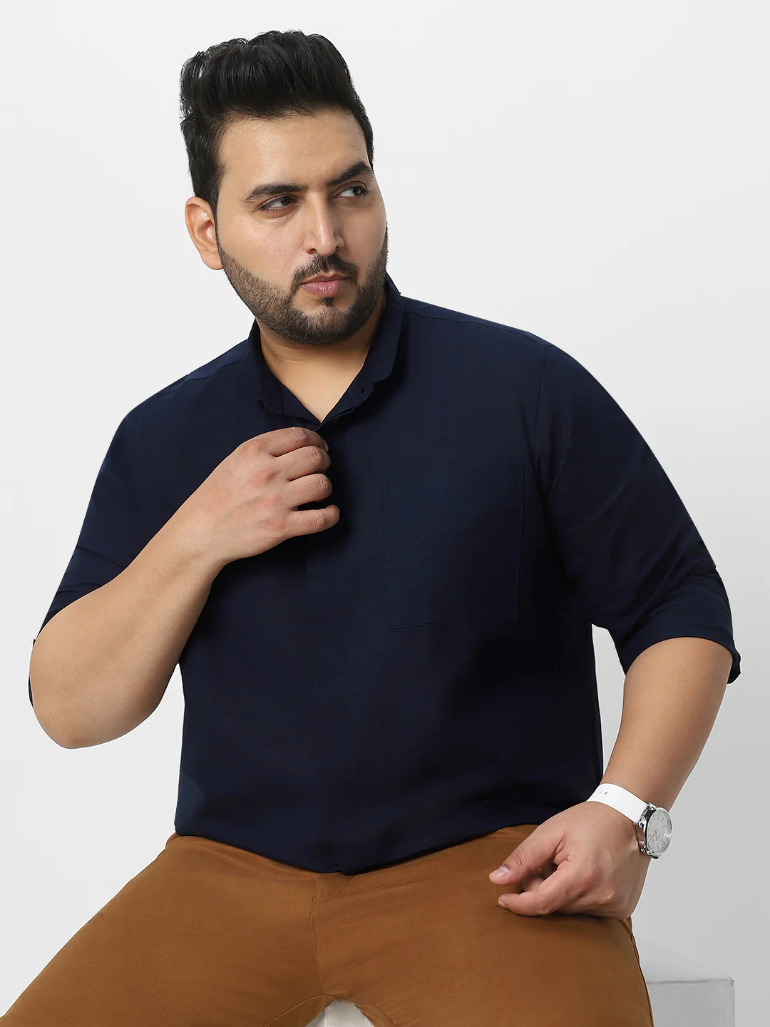 Men's Navy Cotton Full Sleeve Regular Fit Casual Solid Shirt with Band Collar - Image 6