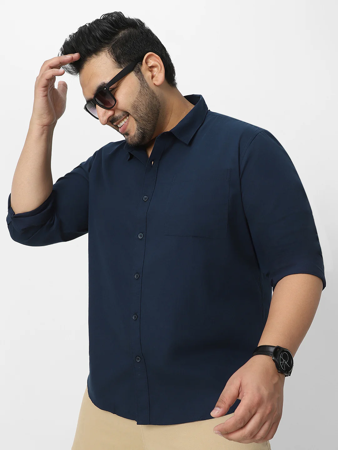 Plus Men's Navy Cotton Full Sleeve Regular Fit Casual Solid Shirt - Image 2
