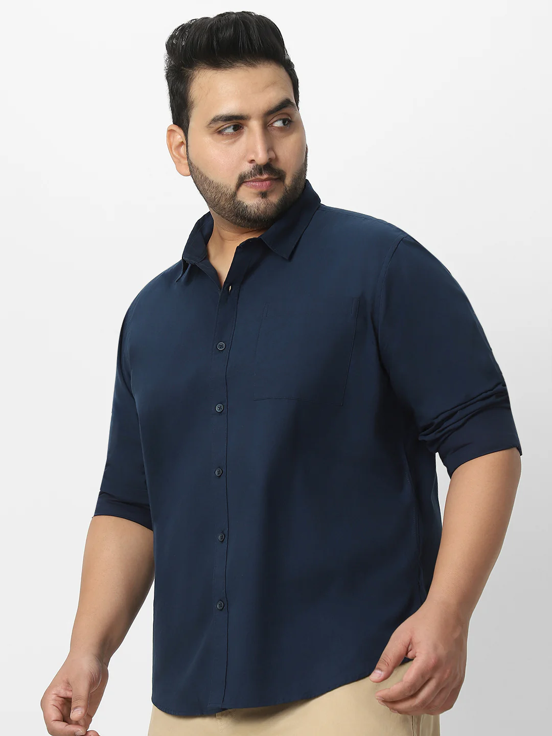 Plus Men's Navy Cotton Full Sleeve Regular Fit Casual Solid Shirt - Image 3