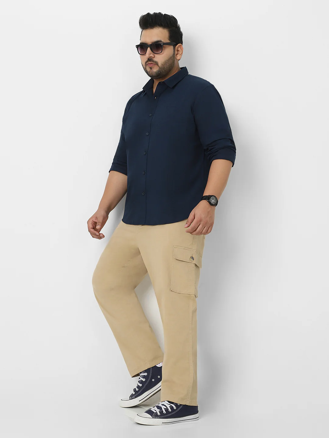 Plus Men's Navy Cotton Full Sleeve Regular Fit Casual Solid Shirt - Image 5