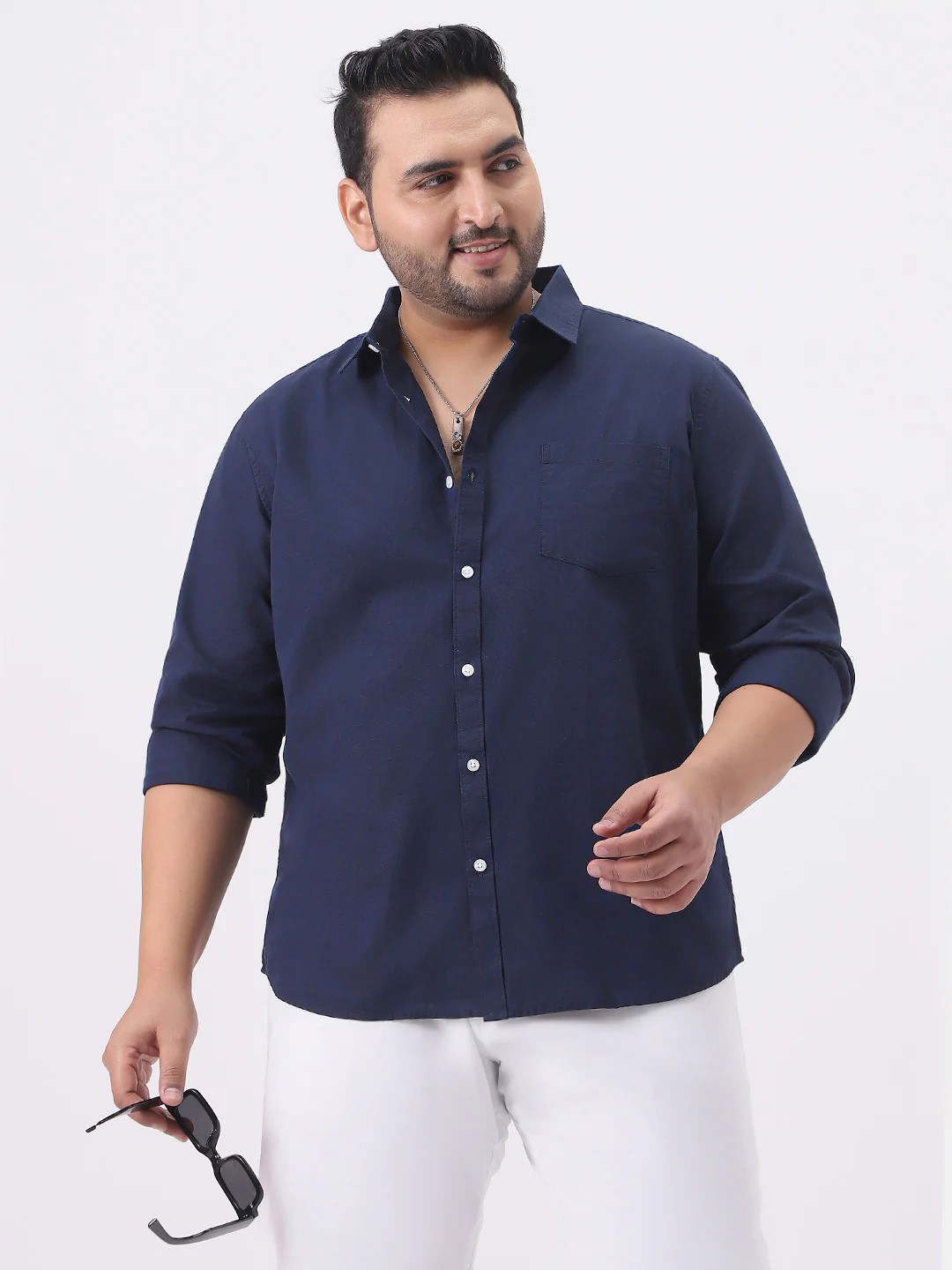 Plus Men's Navy Cotton Full Sleeve Regular Fit Casual Solid Slub Shirt with Spread Collar