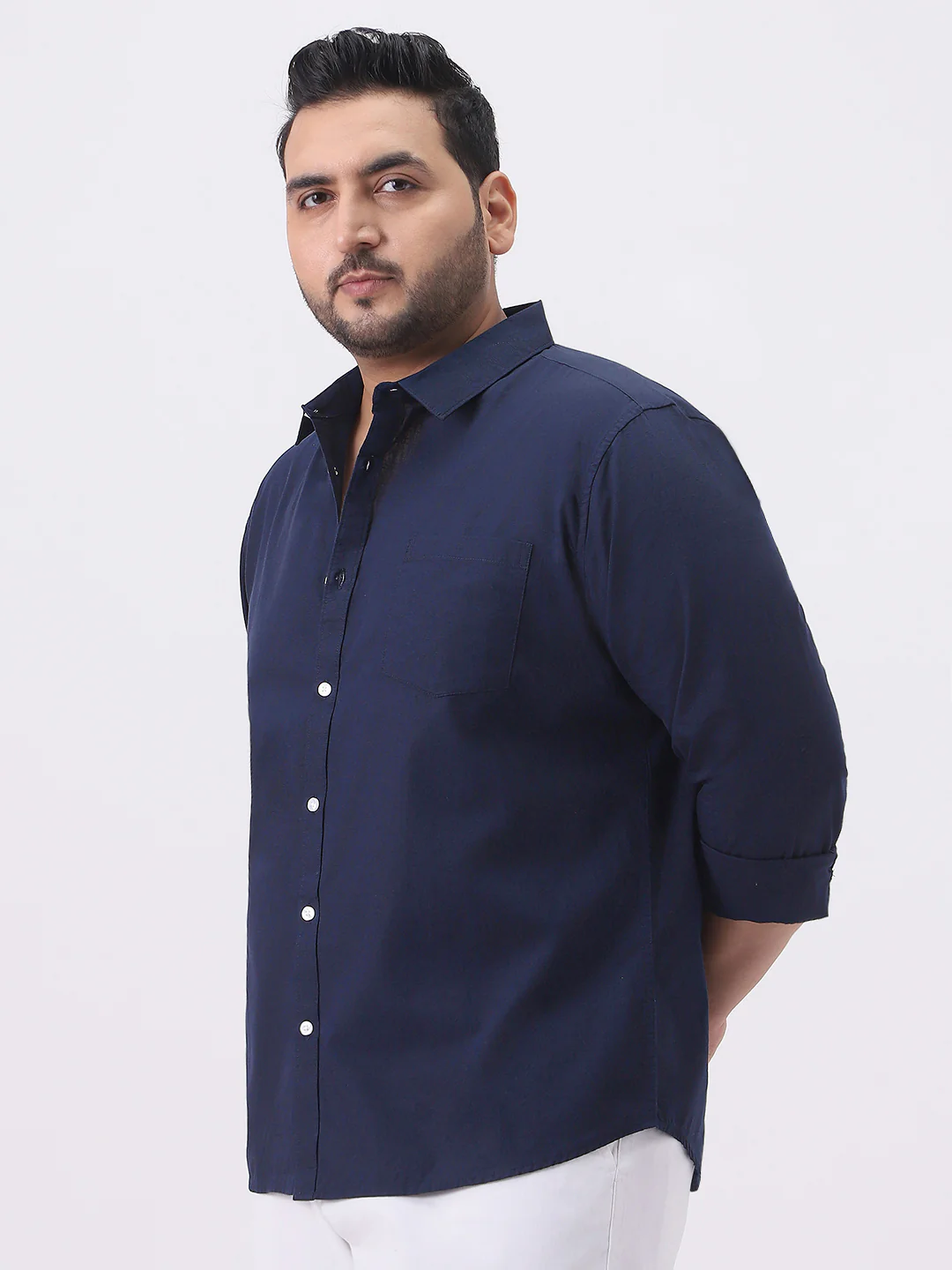 Plus Men's Navy Cotton Full Sleeve Regular Fit Casual Solid Slub Shirt with Spread Collar - Image 2