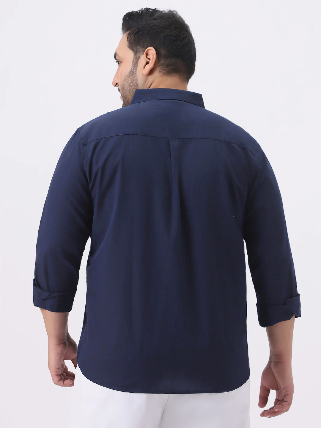 Plus Men's Navy Cotton Full Sleeve Regular Fit Casual Solid Slub Shirt with Spread Collar - Image 3