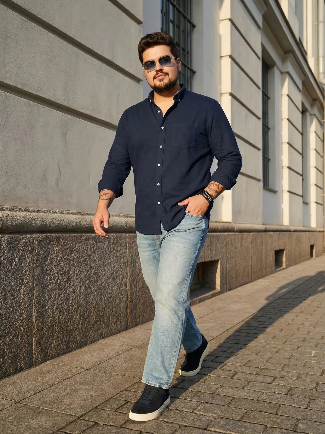 Plus Men's Navy Cotton Full Sleeve Regular Fit Solid Oxford Shirt With Button-Down Collar - Image 4
