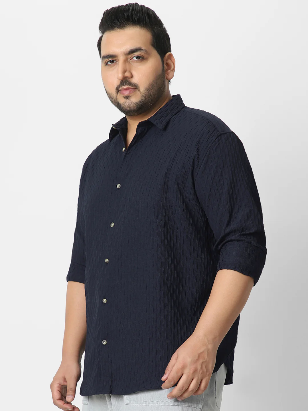Plus Men's Navy Cotton Full Sleeve Regular Fit Textured Shirt with Spread Collar - Image 3