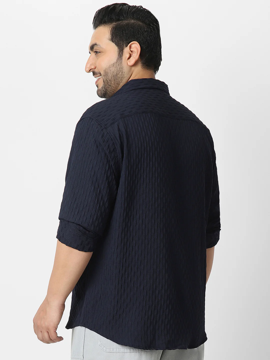 Plus Men's Navy Cotton Full Sleeve Regular Fit Textured Shirt with Spread Collar - Image 4