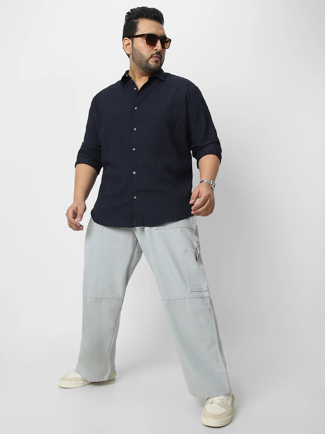 Plus Men's Navy Cotton Full Sleeve Regular Fit Textured Shirt with Spread Collar - Image 5