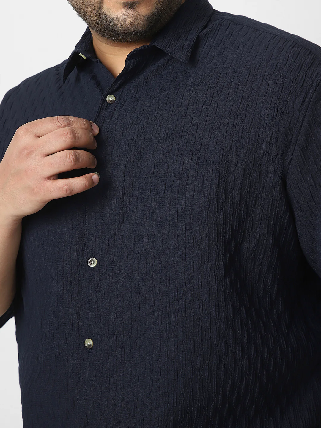 Plus Men's Navy Cotton Full Sleeve Regular Fit Textured Shirt with Spread Collar - Image 6