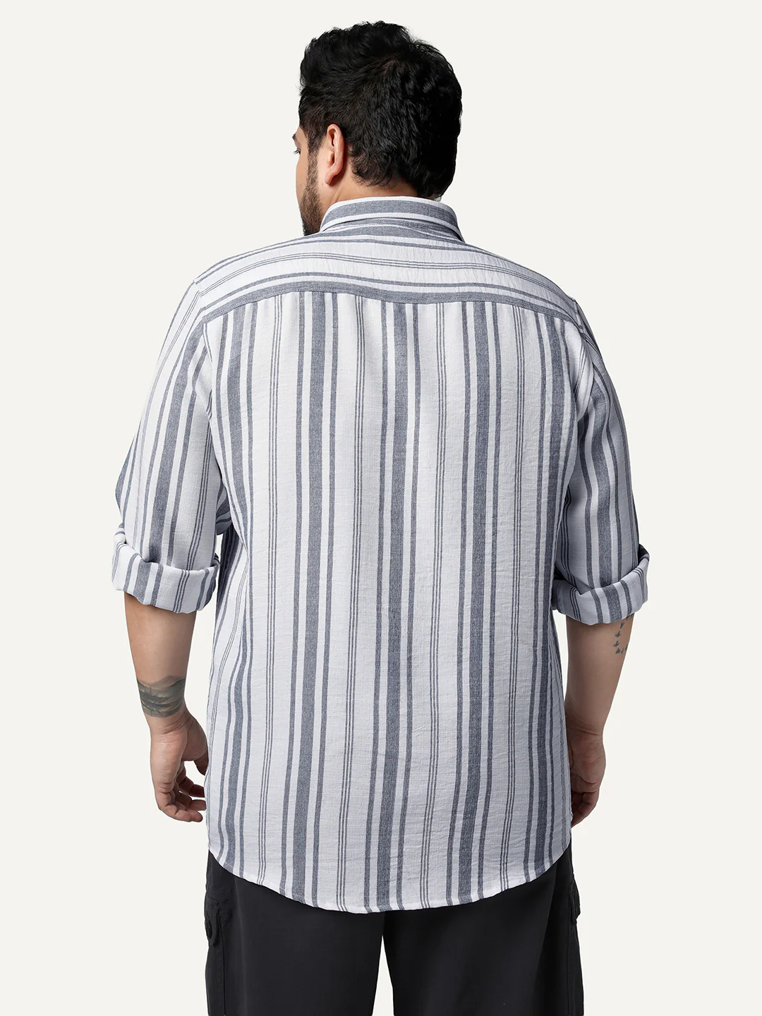 Plus Men's Navy Cotton Full Sleeve Relaxed Fit Linen Striped Shirt with Spread Collar - Image 3