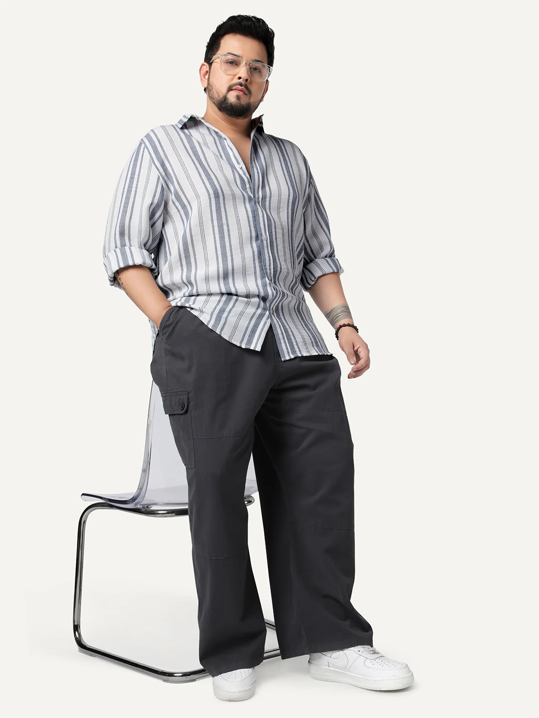 Plus Men's Navy Cotton Full Sleeve Relaxed Fit Linen Striped Shirt with Spread Collar - Image 4