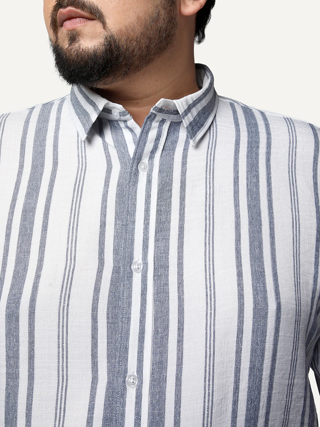 Plus Men's Navy Cotton Full Sleeve Relaxed Fit Linen Striped Shirt with Spread Collar - Image 5