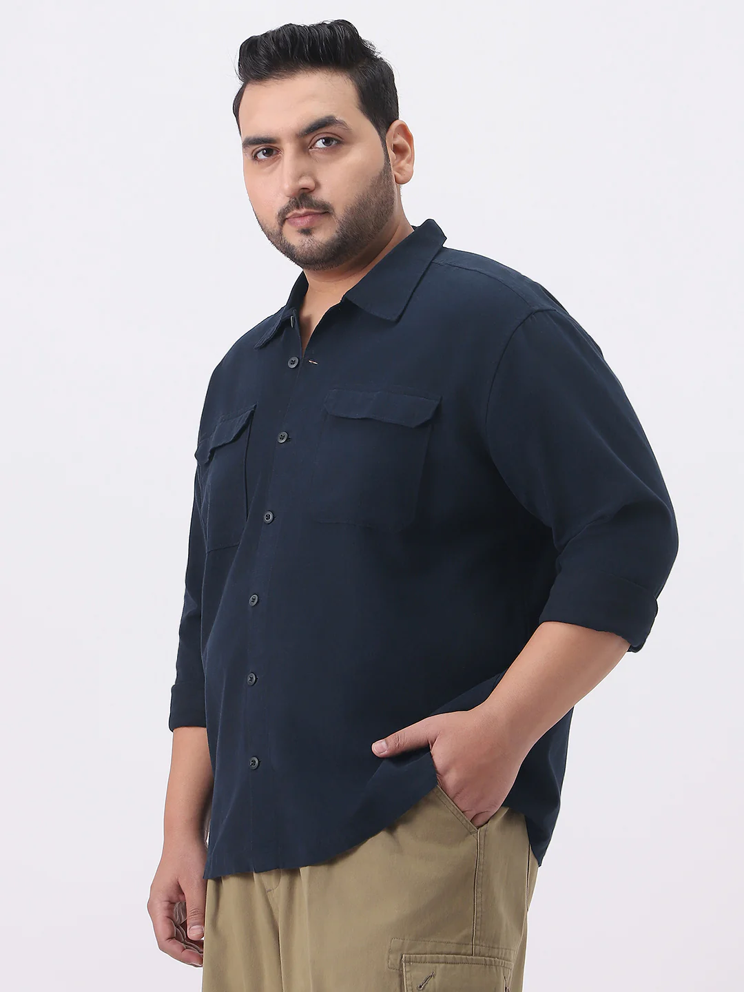 Plus Men's Navy Cotton Full Sleeve Relaxed Fit Shacket with Utility Pockets - Image 2