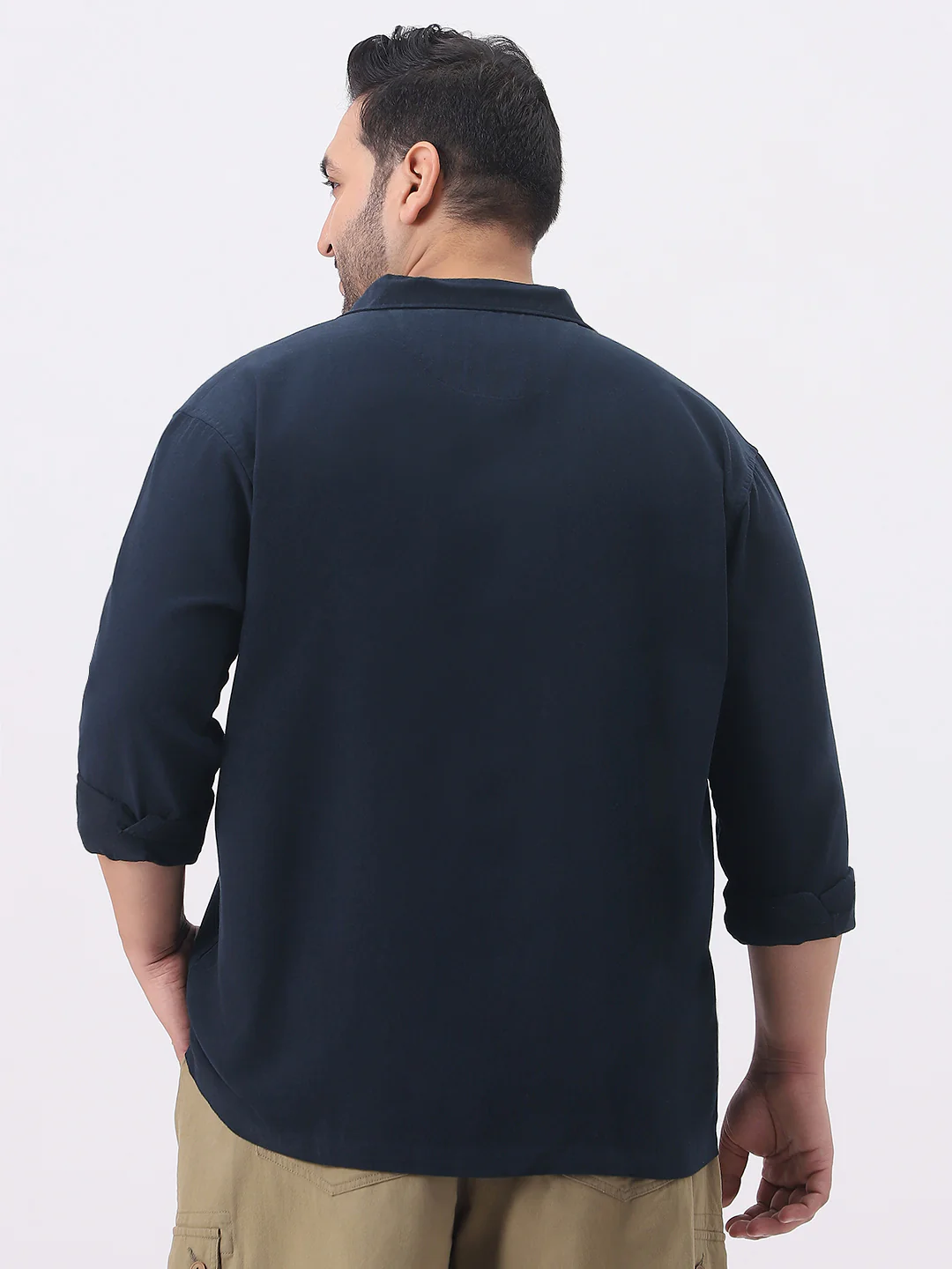 Plus Men's Navy Cotton Full Sleeve Relaxed Fit Shacket with Utility Pockets - Image 3