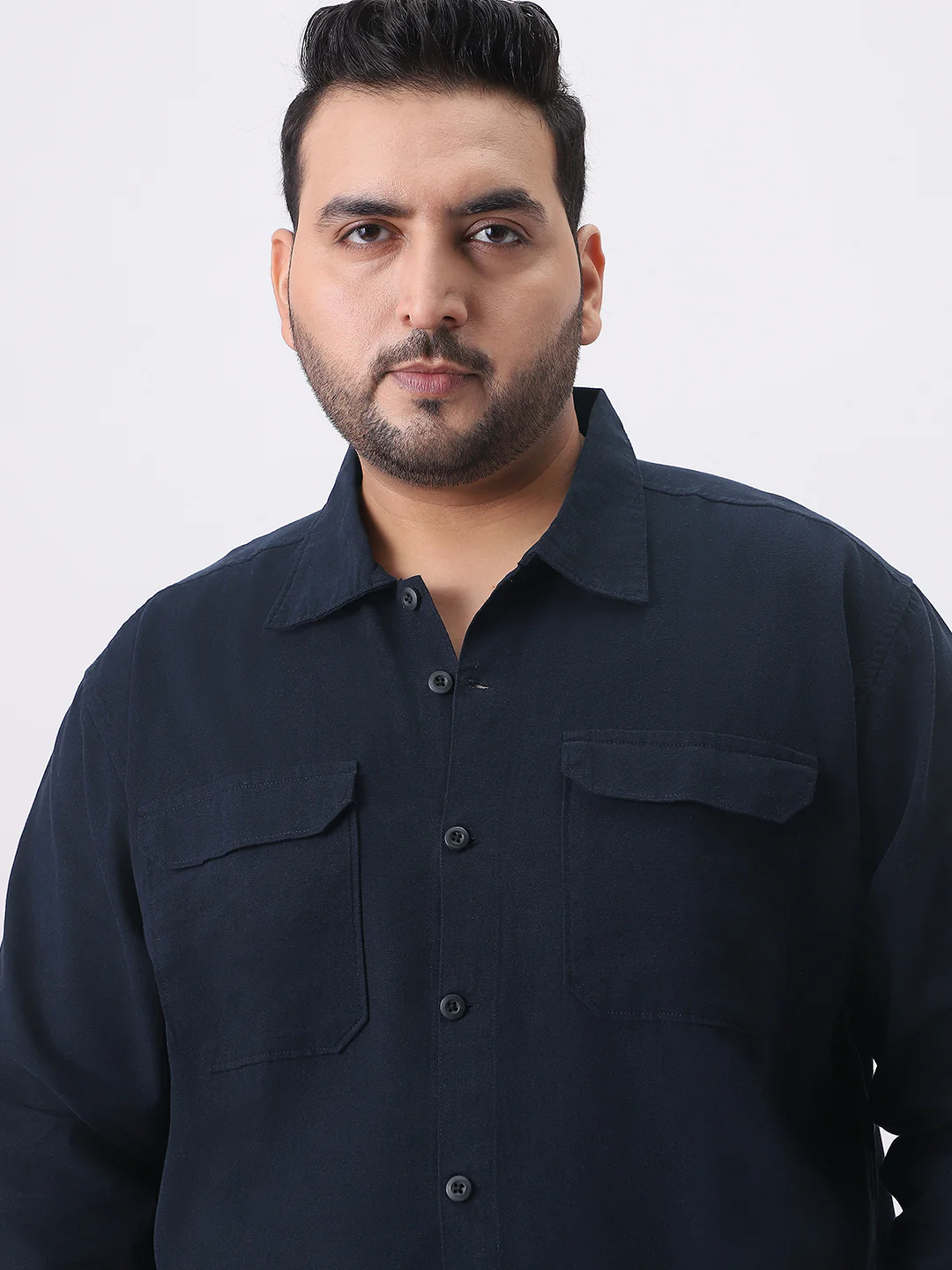 Plus Men's Navy Cotton Full Sleeve Relaxed Fit Shacket with Utility Pockets - Image 6