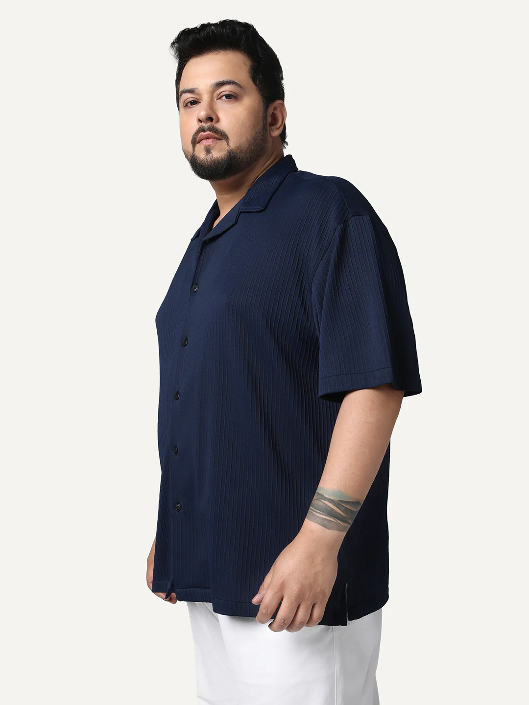 Plus Men's Navy Cotton Half Sleeve Oversized Fit Textured Shirt with Cuban Collar - Image 2