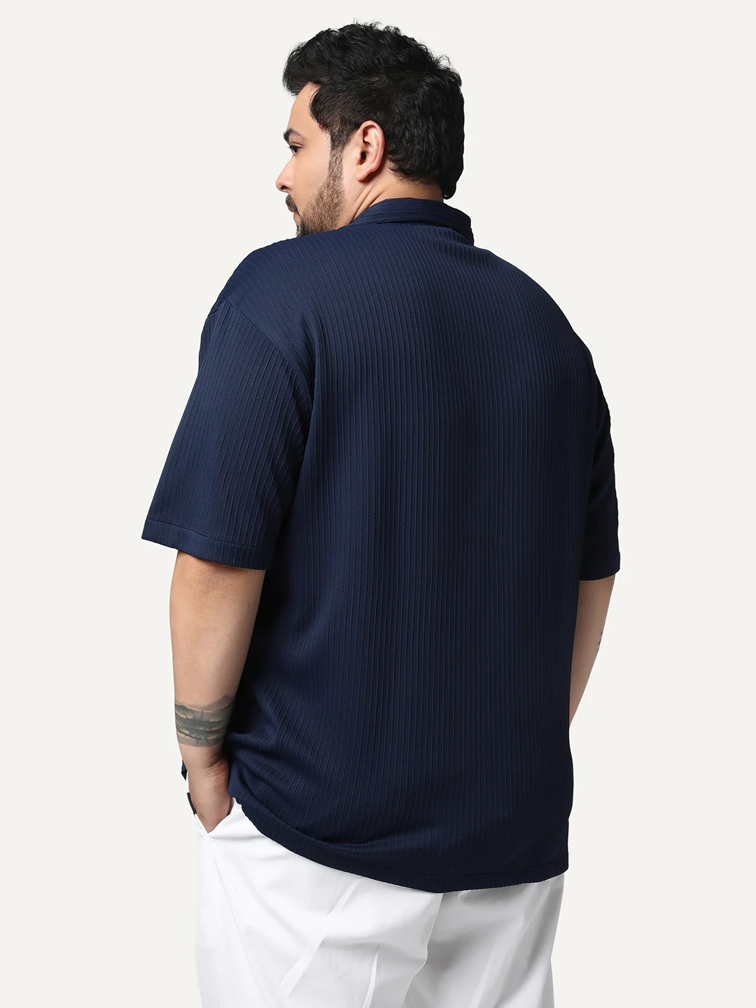 Plus Men's Navy Cotton Half Sleeve Oversized Fit Textured Shirt with Cuban Collar - Image 3