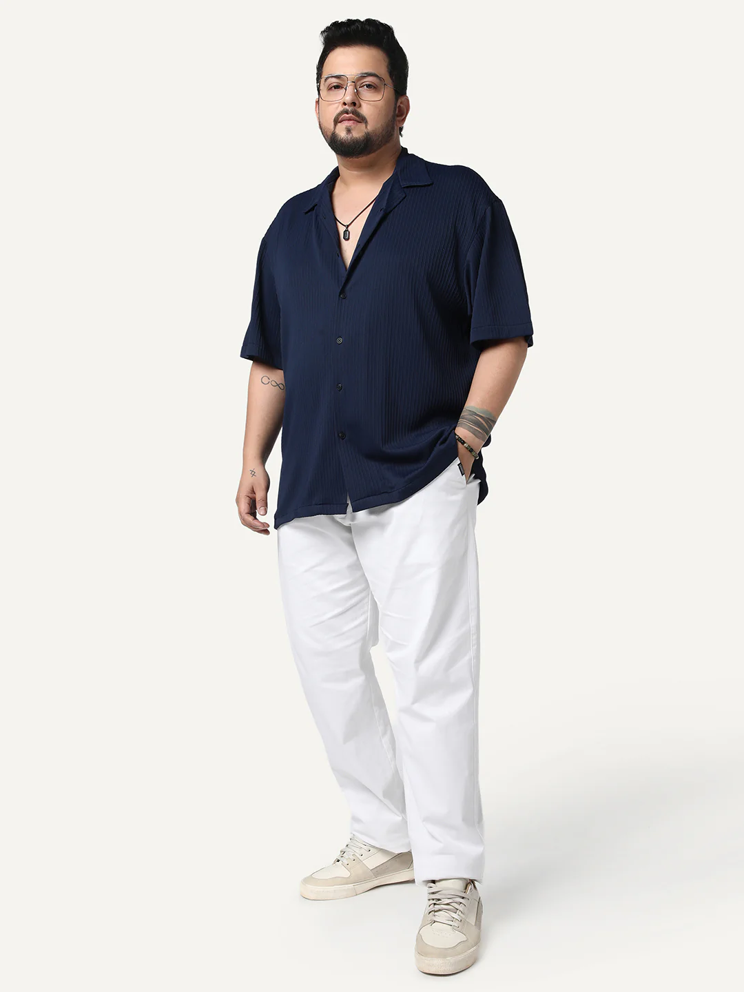 Plus Men's Navy Cotton Half Sleeve Oversized Fit Textured Shirt with Cuban Collar - Image 4