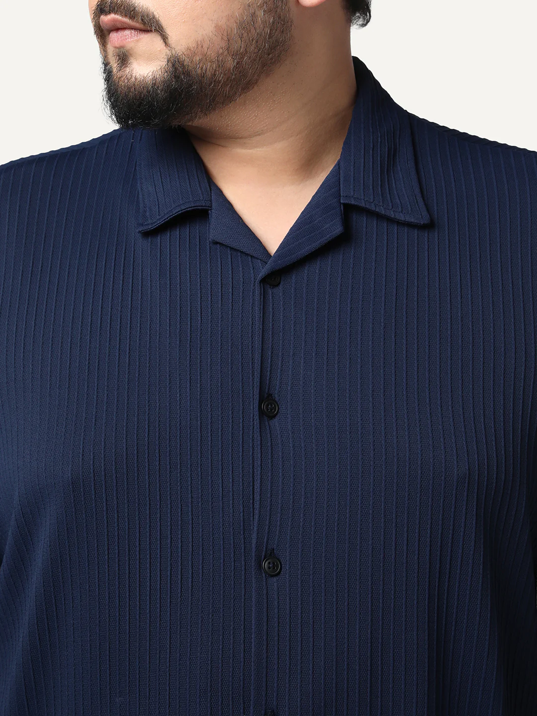 Plus Men's Navy Cotton Half Sleeve Oversized Fit Textured Shirt with Cuban Collar - Image 5