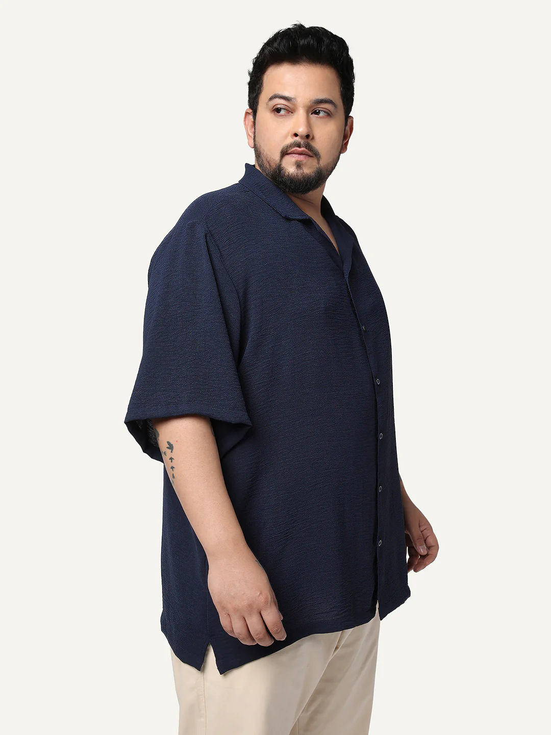 Plus Men's Navy Cotton Half Sleeve Relaxed Fit Textured Shirt with Cuban Collar - Image 2